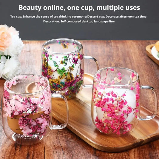 Floral Double Wall Glass Mug